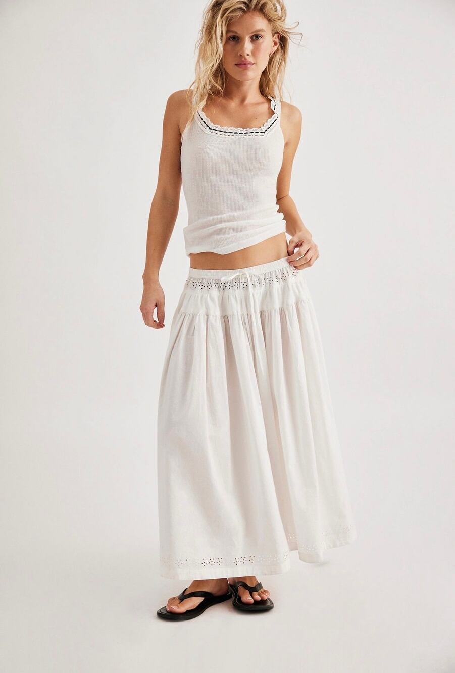 NWOT Free People Gesibelle Maxi Skirt L Ivory Eyelet Tiered Boho